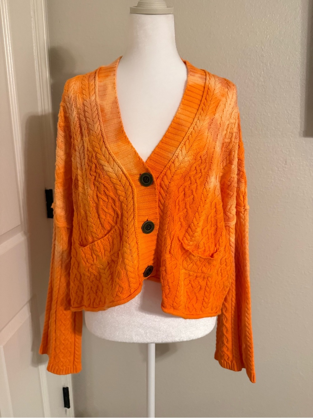 Free People Orange Cable Knit Button Cardigan